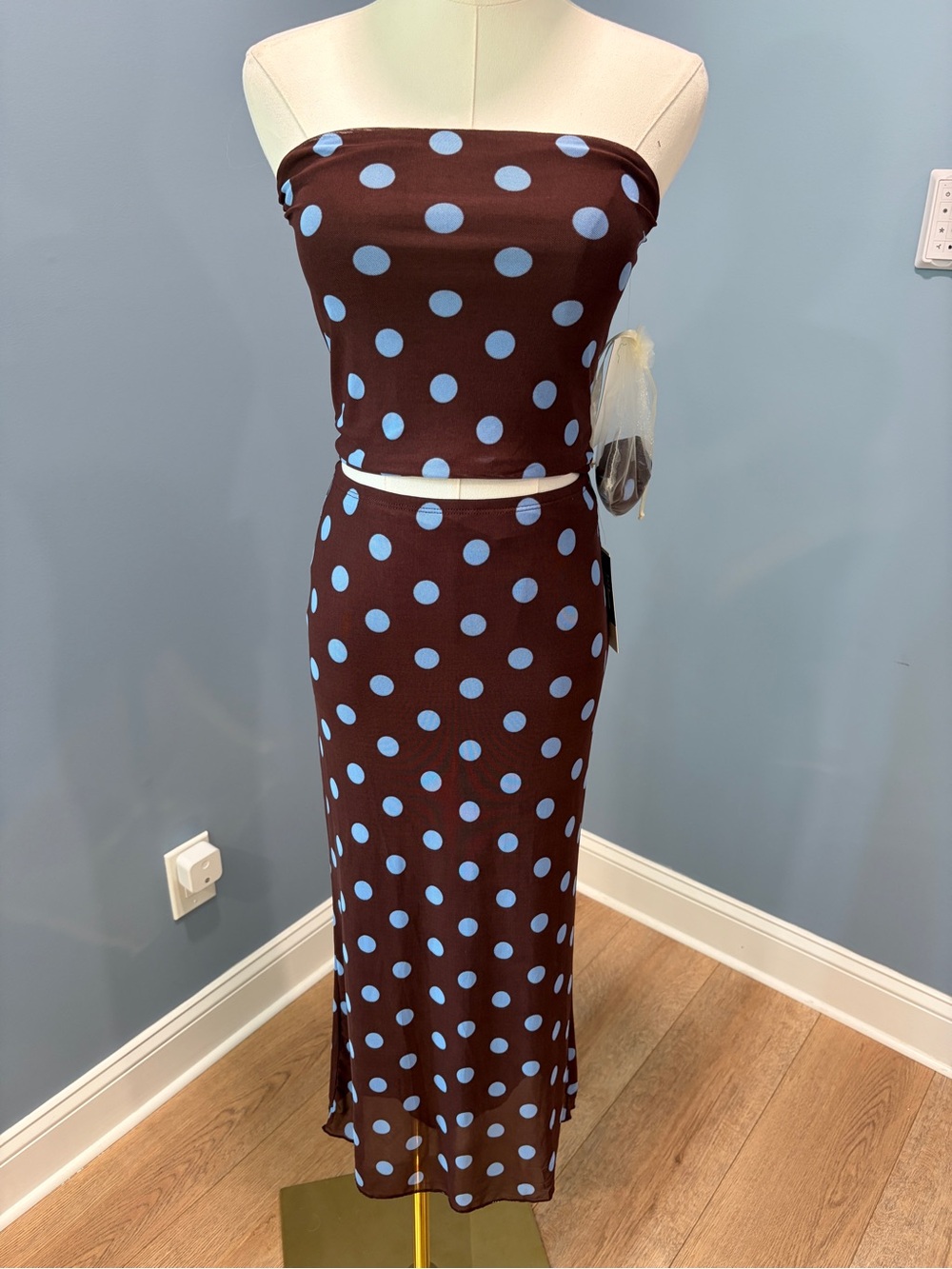 Thirty Thirty LA NWT Brown Blue Polka Dot 2 Piece Mesh Maxi Skirt Set S